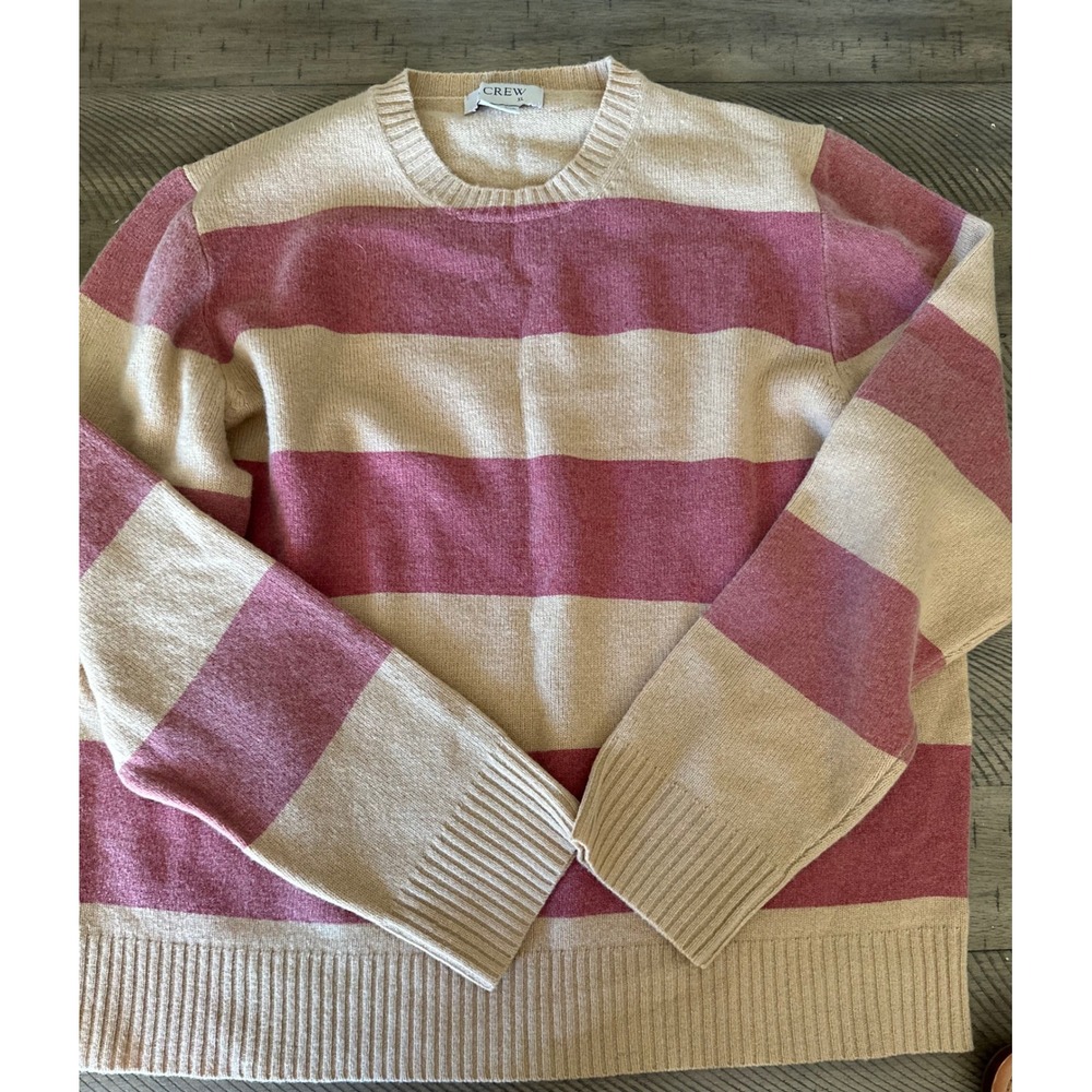 Vintage J.Crew 100% Lambswool Chunky Wide Striped Sweater XL Pink Beige